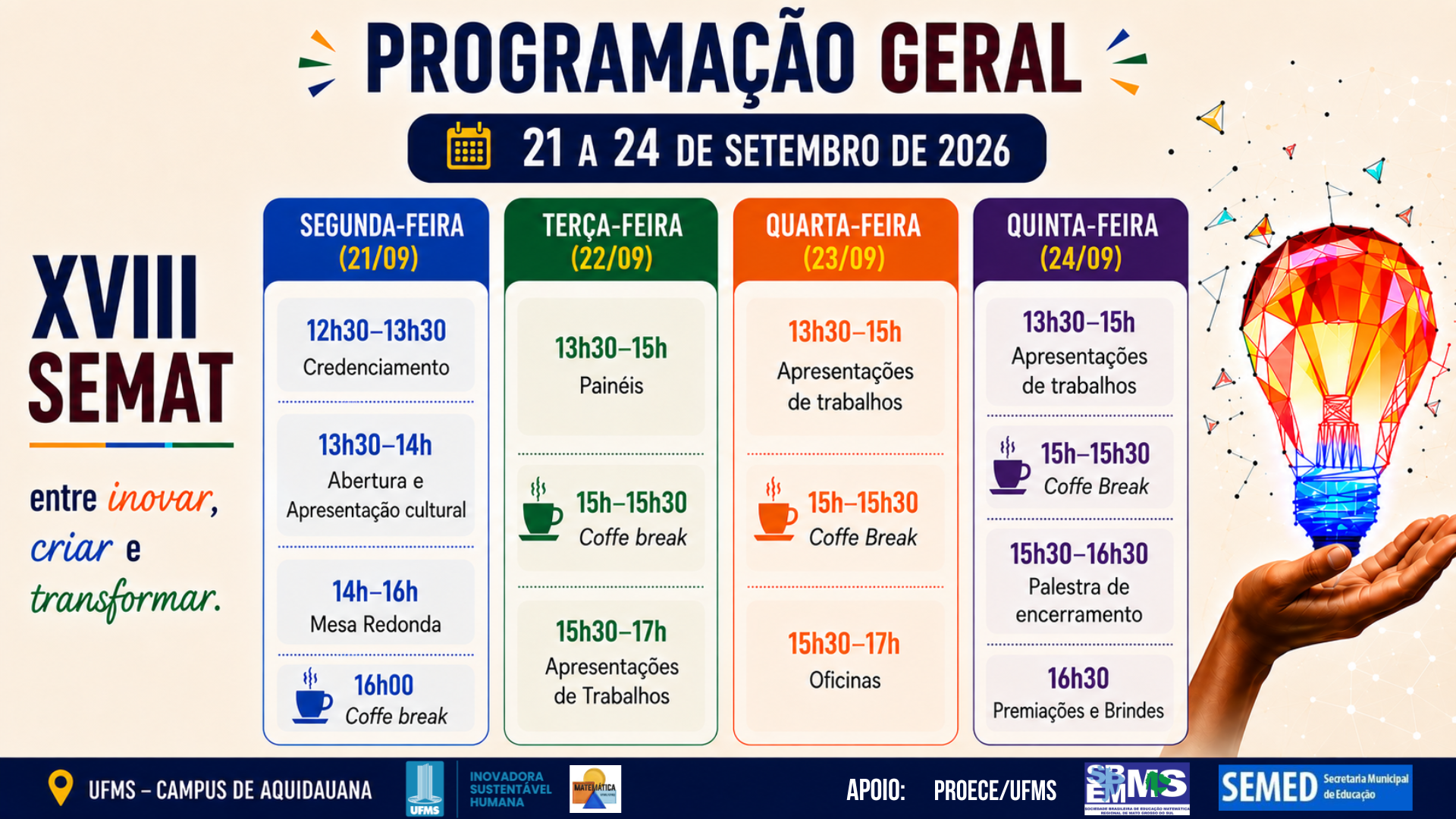 Programação geral da XVIII SEMAT, de 21 a 24 de setembro de 2026